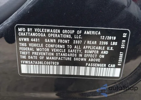 2020 Volkswagen Passat 2.0T Se из США, поврежденный, VIN 1VWSA7A36LC007929